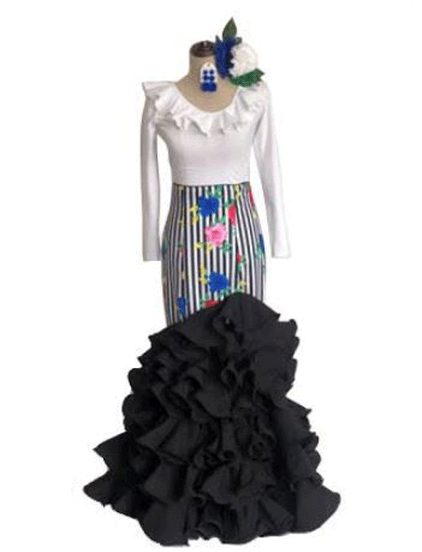 Striped Flamenca Skirt for El Rocio with Print and Black Ruffles